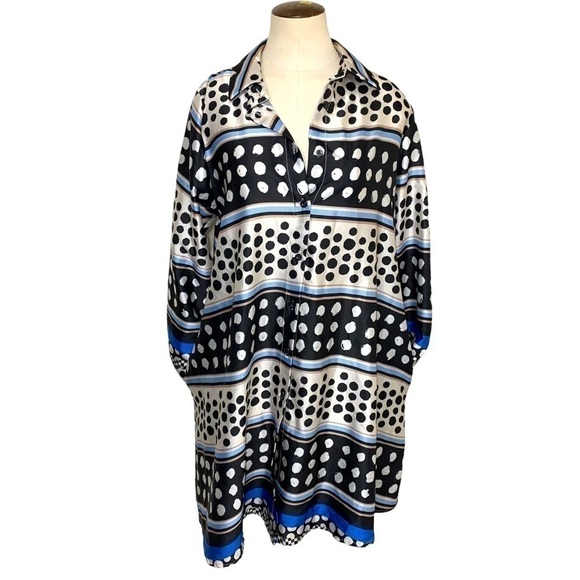 UCHUU italian lagen look neutral flowy dots button down satiny tunic blouse M/L - Picture 1 of 12